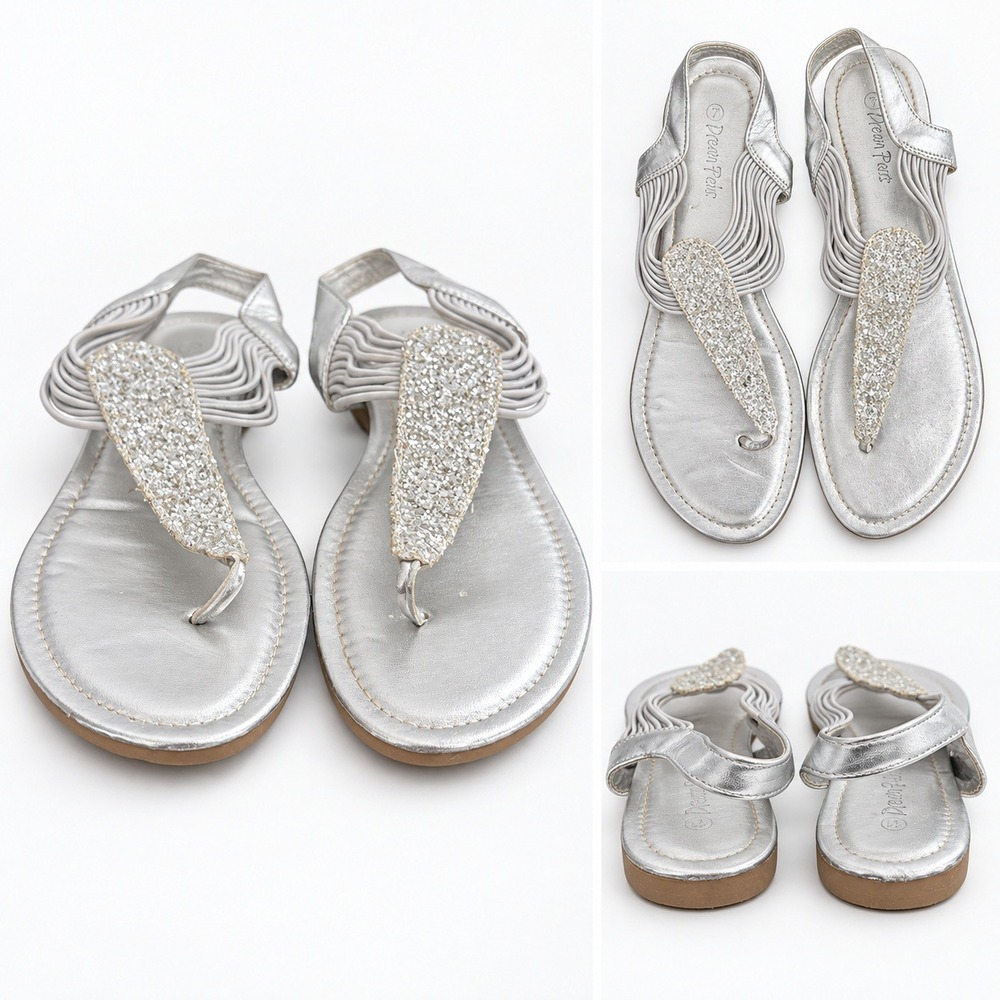 Dream Pairs Silver Glitter T-Strap Flat Sandals Elastic Slingback Womens Size 11